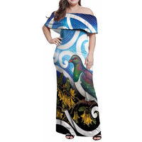 Kekeru New Zealand Matariki Family Matching Off Shoulder Maxi Dress and Hawaiian Shirt Kukupa Kowhai Maori New Year Blue Version