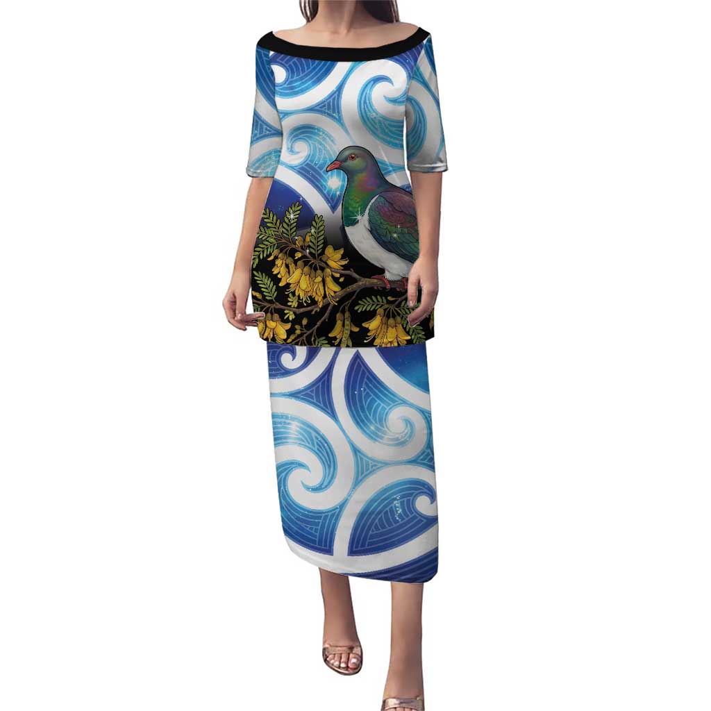 Kekeru New Zealand Matariki Family Matching Puletasi and Hawaiian Shirt Kukupa Kowhai Maori New Year Blue Version