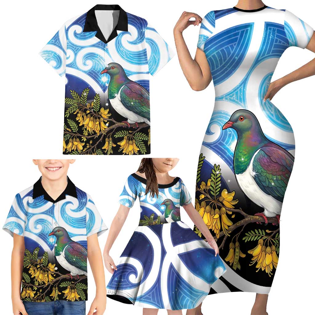 Kekeru New Zealand Matariki Family Matching Short Sleeve Bodycon Dress and Hawaiian Shirt Kukupa Kowhai Maori New Year Blue Version