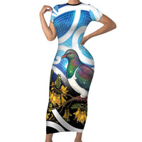 Kekeru New Zealand Matariki Family Matching Short Sleeve Bodycon Dress and Hawaiian Shirt Kukupa Kowhai Maori New Year Blue Version