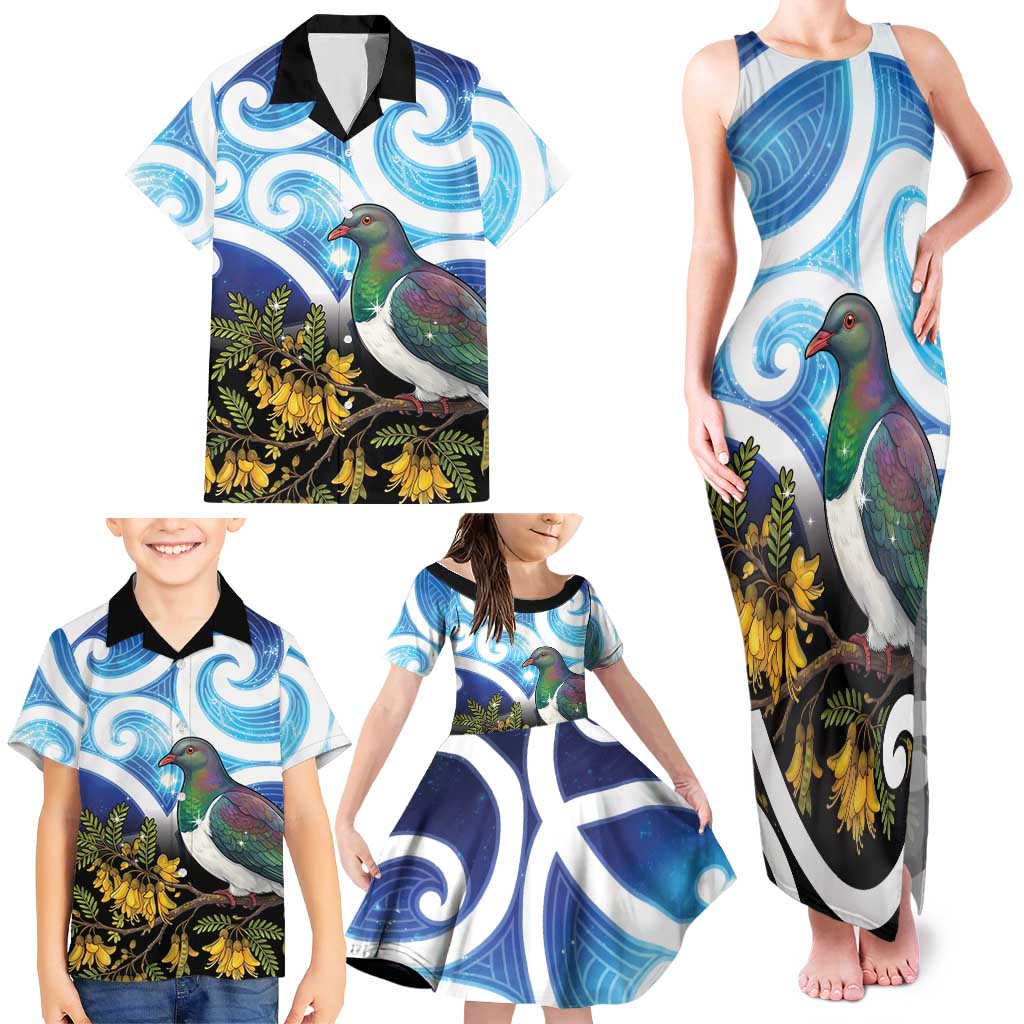 Kekeru New Zealand Matariki Family Matching Tank Maxi Dress and Hawaiian Shirt Kukupa Kowhai Maori New Year Blue Version