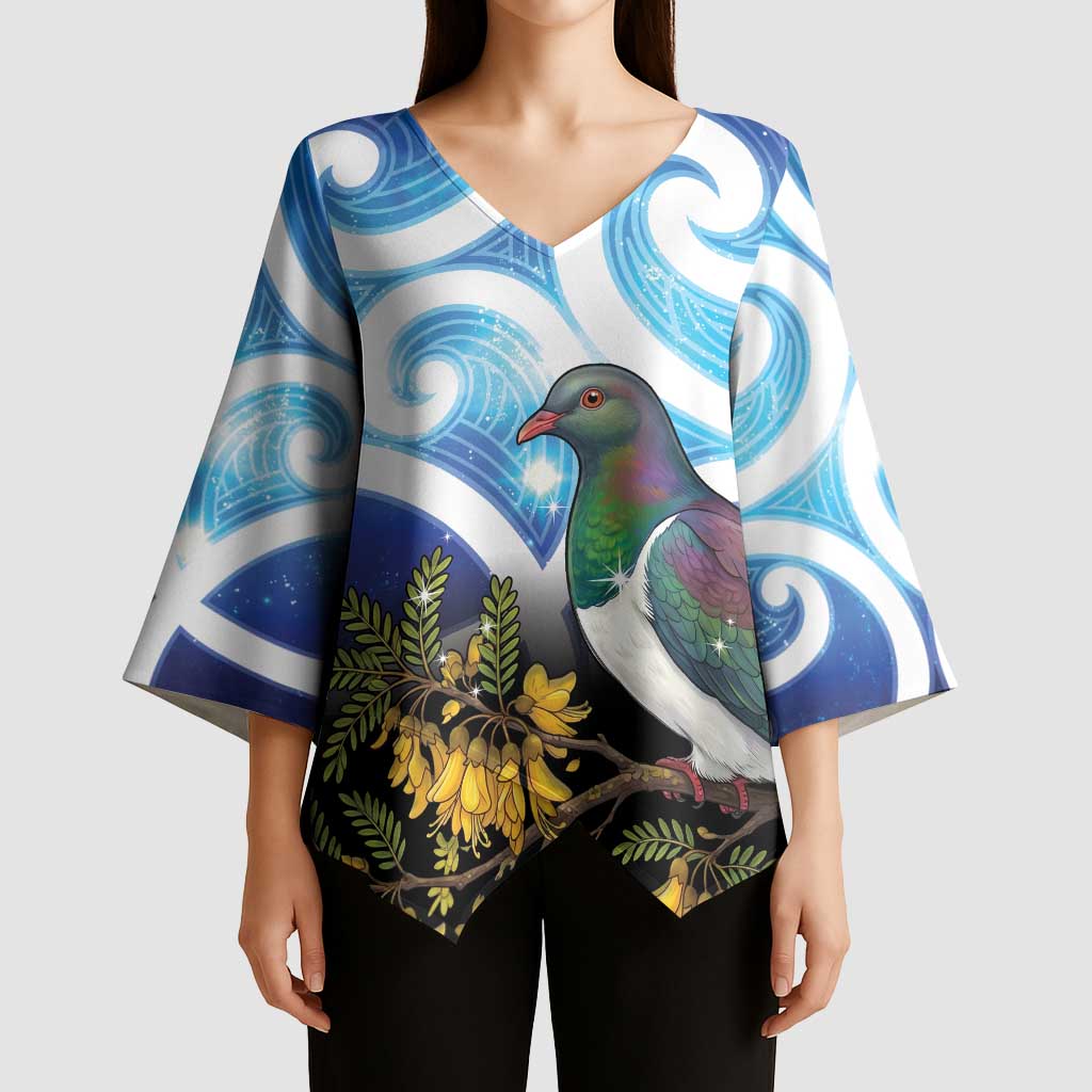 Kekeru New Zealand Matariki Kimono Sleeve Blouse Kukupa Kowhai Maori New Year Blue Version