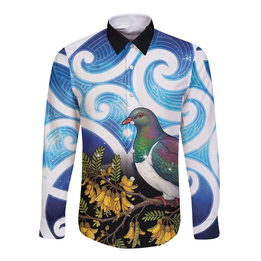 Kekeru New Zealand Matariki Long Sleeve Button Shirt Kukupa Kowhai Maori New Year Blue Version