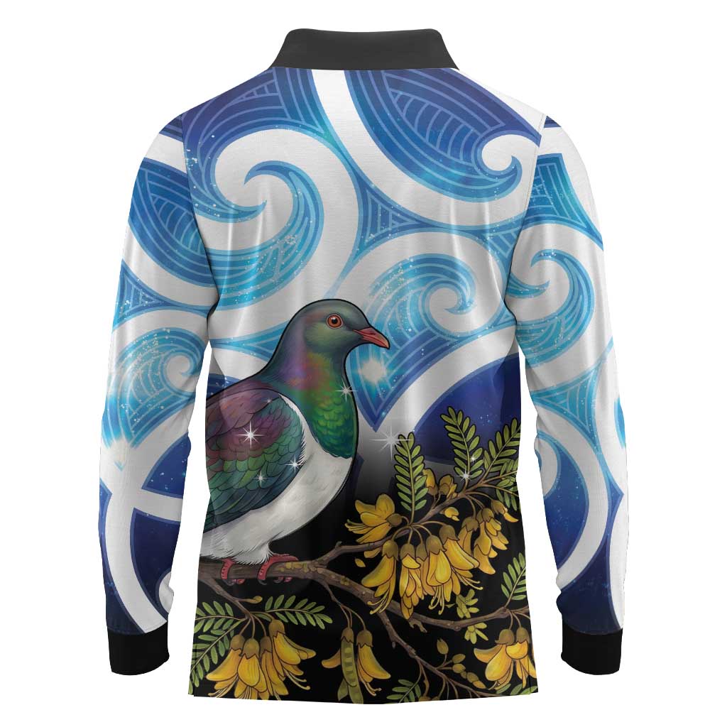Kekeru New Zealand Matariki Long Sleeve Polo Shirt Kukupa Kowhai Maori New Year Blue Version