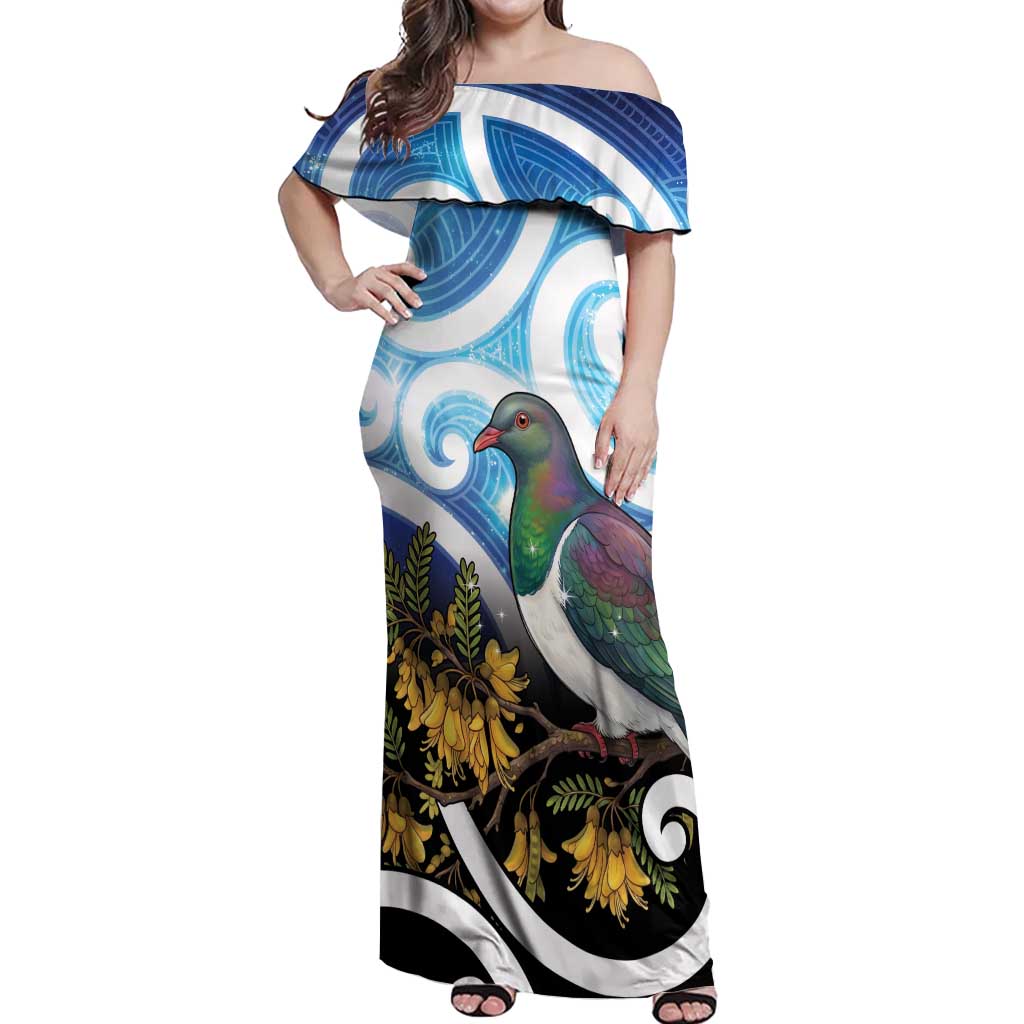 Kekeru New Zealand Matariki Off Shoulder Maxi Dress Kukupa Kowhai Maori New Year Blue Version LT14 Women Blue - Polynesian Pride
