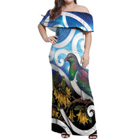 Kekeru New Zealand Matariki Off Shoulder Maxi Dress Kukupa Kowhai Maori New Year Blue Version LT14 Women Blue - Polynesian Pride
