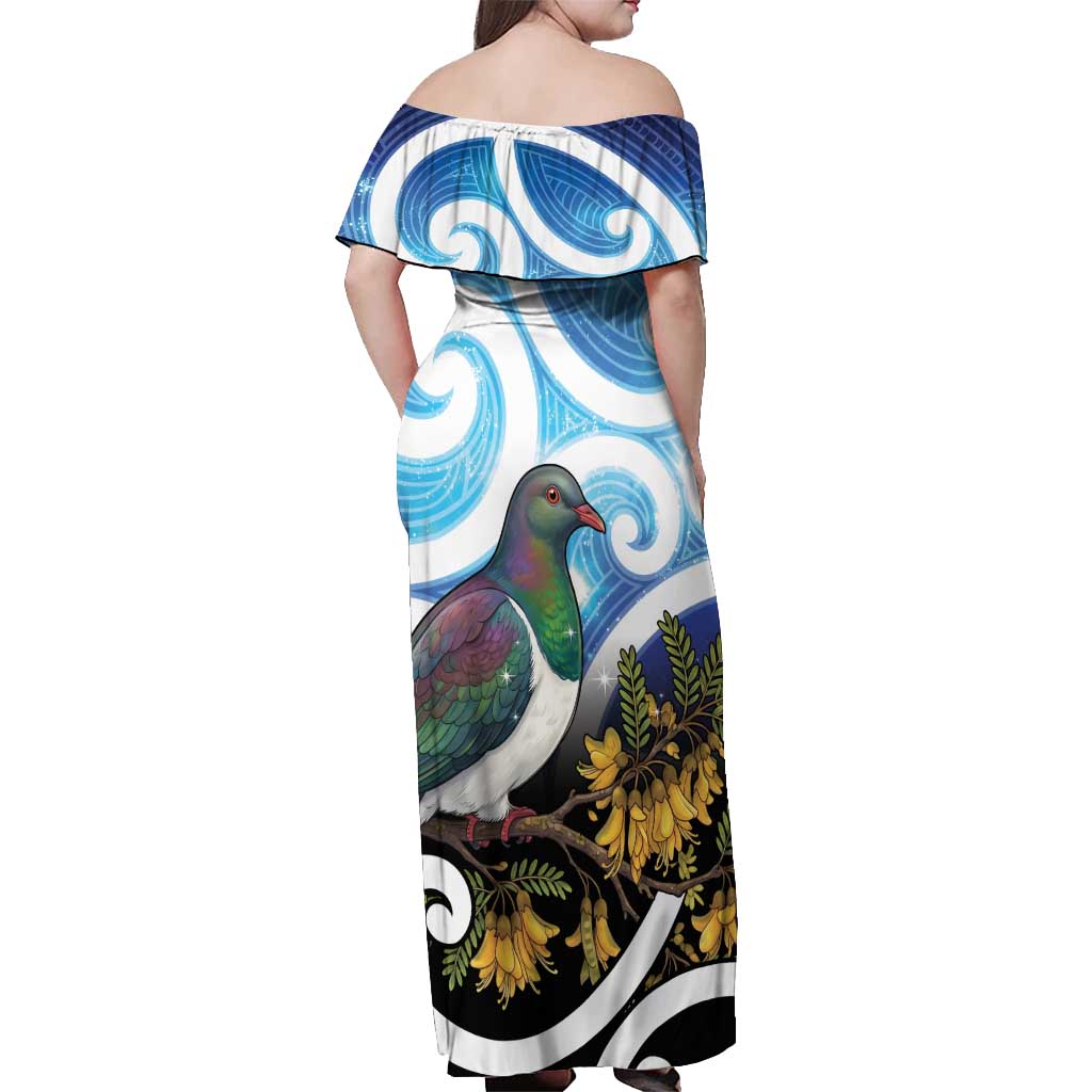 Kekeru New Zealand Matariki Off Shoulder Maxi Dress Kukupa Kowhai Maori New Year Blue Version LT14 - Polynesian Pride