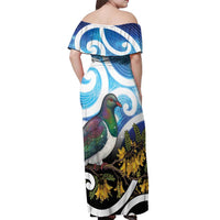 Kekeru New Zealand Matariki Off Shoulder Maxi Dress Kukupa Kowhai Maori New Year Blue Version LT14 - Polynesian Pride
