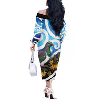 Kekeru New Zealand Matariki Off The Shoulder Long Sleeve Dress Kukupa Kowhai Maori New Year Blue Version