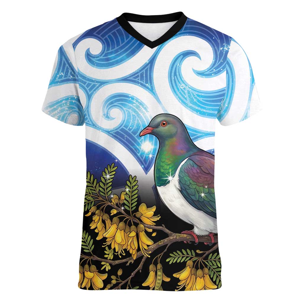 Kekeru New Zealand Matariki Women V-Neck T-Shirt Kukupa Kowhai Maori New Year Blue Version