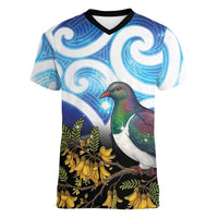 Kekeru New Zealand Matariki Women V-Neck T-Shirt Kukupa Kowhai Maori New Year Blue Version