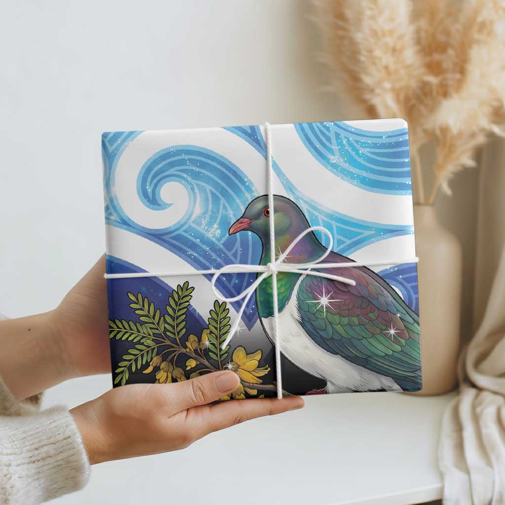 Kekeru New Zealand Matariki Wrapping Paper Kukupa Kowhai Maori New Year Blue Version