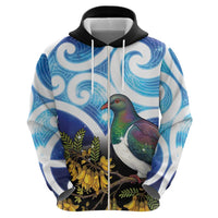 Kekeru New Zealand Matariki Zip Hoodie Kukupa Kowhai Maori New Year Blue Version