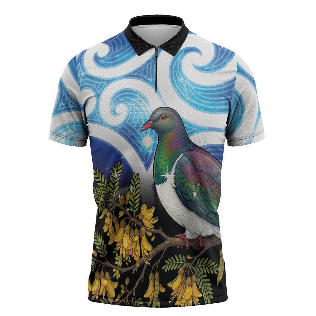 Kekeru New Zealand Matariki Zipper Polo Shirt Kukupa Kowhai Maori New Year Blue Version