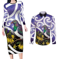Kekeru New Zealand Matariki Couples Matching Long Sleeve Bodycon Dress and Long Sleeve Button Shirt Kukupa Kowhai Maori New Year Purple Version