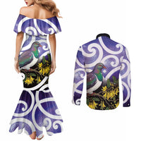 Kekeru New Zealand Matariki Couples Matching Mermaid Dress and Long Sleeve Button Shirt Kukupa Kowhai Maori New Year Purple Version
