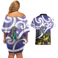 Kekeru New Zealand Matariki Couples Matching Off Shoulder Short Dress and Hawaiian Shirt Kukupa Kowhai Maori New Year Purple Version