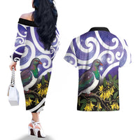 Kekeru New Zealand Matariki Couples Matching Off The Shoulder Long Sleeve Dress and Hawaiian Shirt Kukupa Kowhai Maori New Year Purple Version
