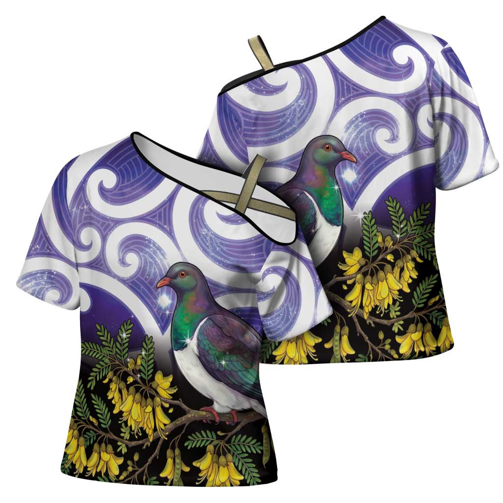 Kekeru New Zealand Matariki Cross Shoulder Shirt Kukupa Kowhai Maori New Year Purple Version
