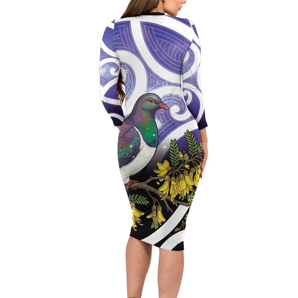 Kekeru New Zealand Matariki Family Matching Long Sleeve Bodycon Dress and Hawaiian Shirt Kukupa Kowhai Maori New Year Purple Version