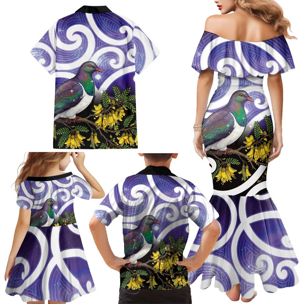Kekeru New Zealand Matariki Family Matching Mermaid Dress and Hawaiian Shirt Kukupa Kowhai Maori New Year Purple Version