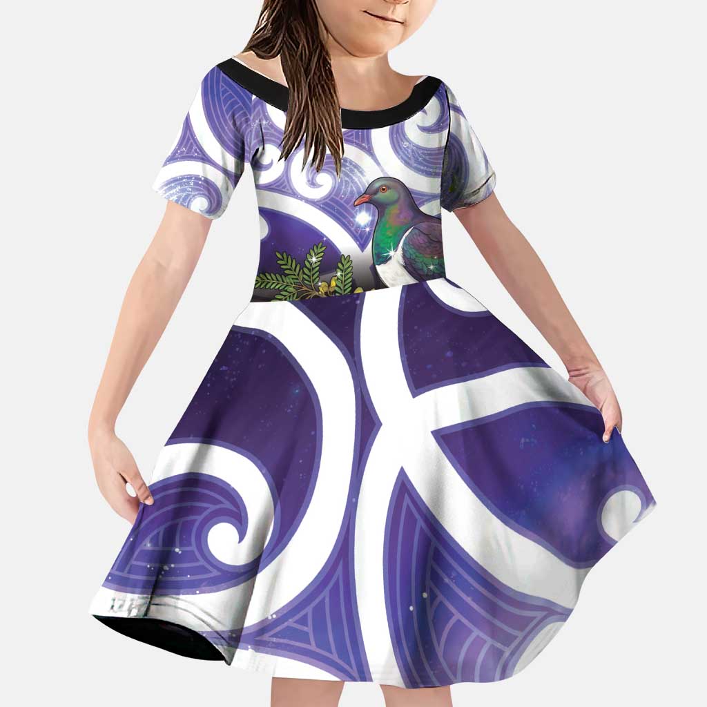 Kekeru New Zealand Matariki Family Matching Off The Shoulder Long Sleeve Dress and Hawaiian Shirt Kukupa Kowhai Maori New Year Purple Version LT14 Daughter's Dress Purple - Polynesian Pride