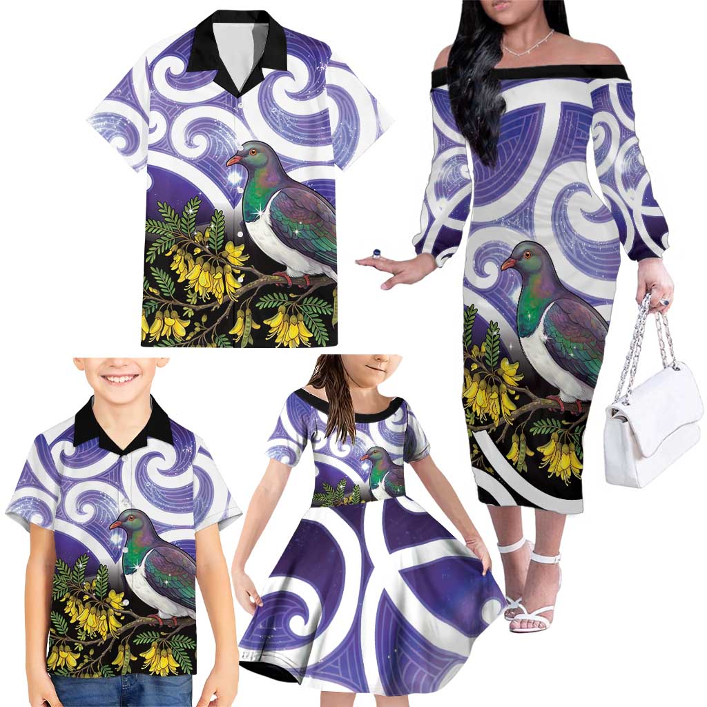 Kekeru New Zealand Matariki Family Matching Off The Shoulder Long Sleeve Dress and Hawaiian Shirt Kukupa Kowhai Maori New Year Purple Version LT14 - Polynesian Pride
