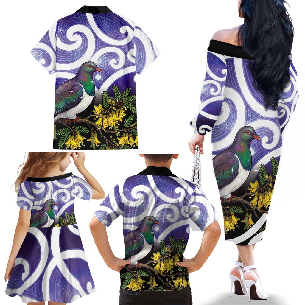 Kekeru New Zealand Matariki Family Matching Off The Shoulder Long Sleeve Dress and Hawaiian Shirt Kukupa Kowhai Maori New Year Purple Version LT14 - Polynesian Pride