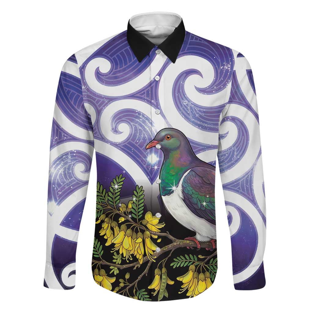 Kekeru New Zealand Matariki Family Matching Off The Shoulder Long Sleeve Dress and Hawaiian Shirt Kukupa Kowhai Maori New Year Purple Version LT14 Dad's Shirt - Long Sleeve Purple - Polynesian Pride