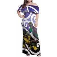 Kekeru New Zealand Matariki Family Matching Off Shoulder Maxi Dress and Hawaiian Shirt Kukupa Kowhai Maori New Year Purple Version