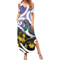 Kekeru New Zealand Matariki Family Matching Summer Maxi Dress and Hawaiian Shirt Kukupa Kowhai Maori New Year Purple Version