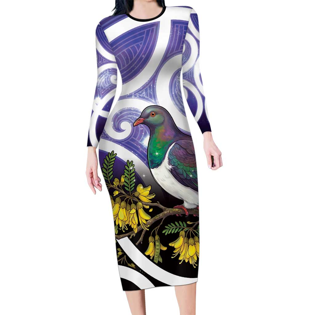 Kekeru New Zealand Matariki Long Sleeve Bodycon Dress Kukupa Kowhai Maori New Year Purple Version