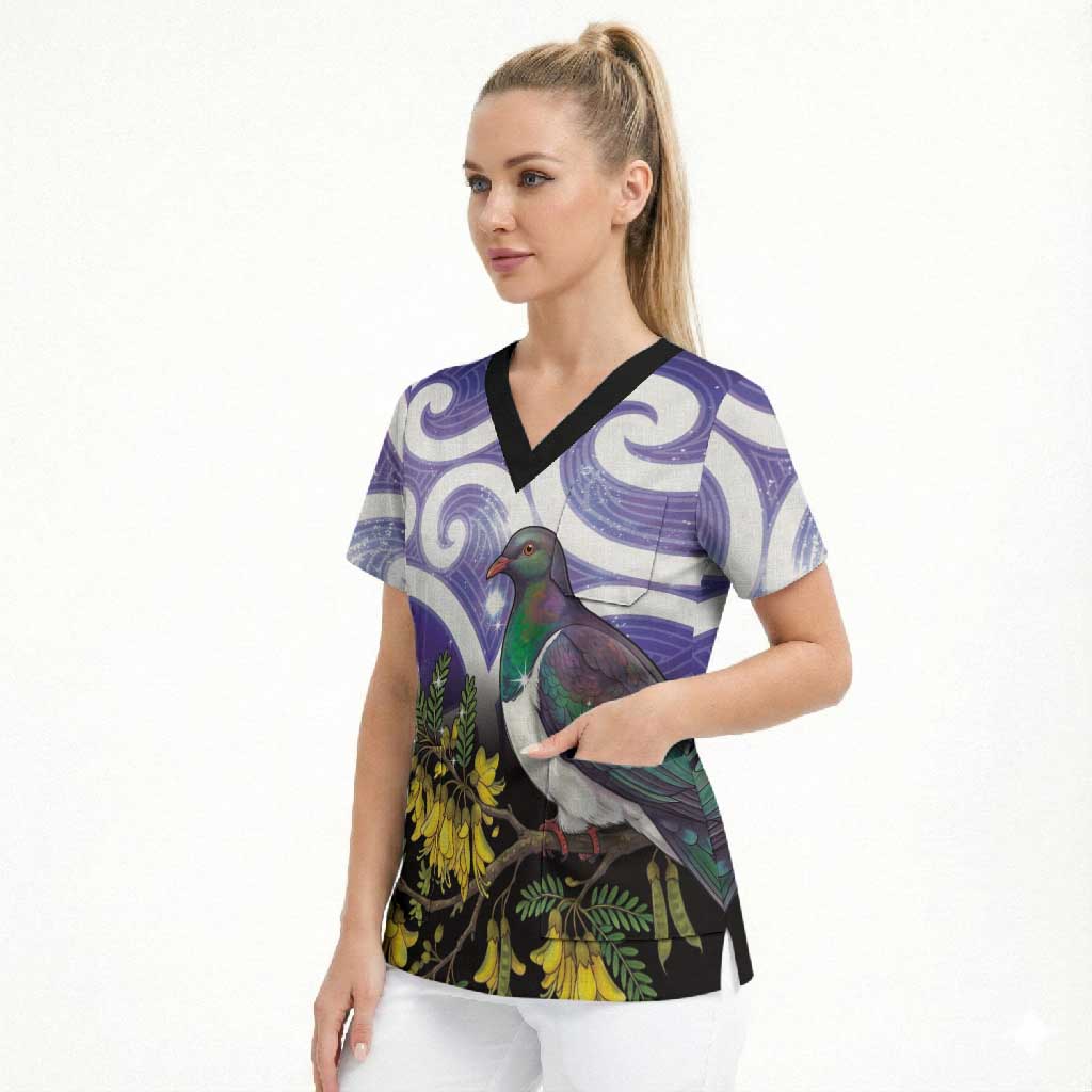 Kekeru New Zealand Matariki Scrub Top Kukupa Kowhai Maori New Year Purple Version LT14 - Polynesian Pride