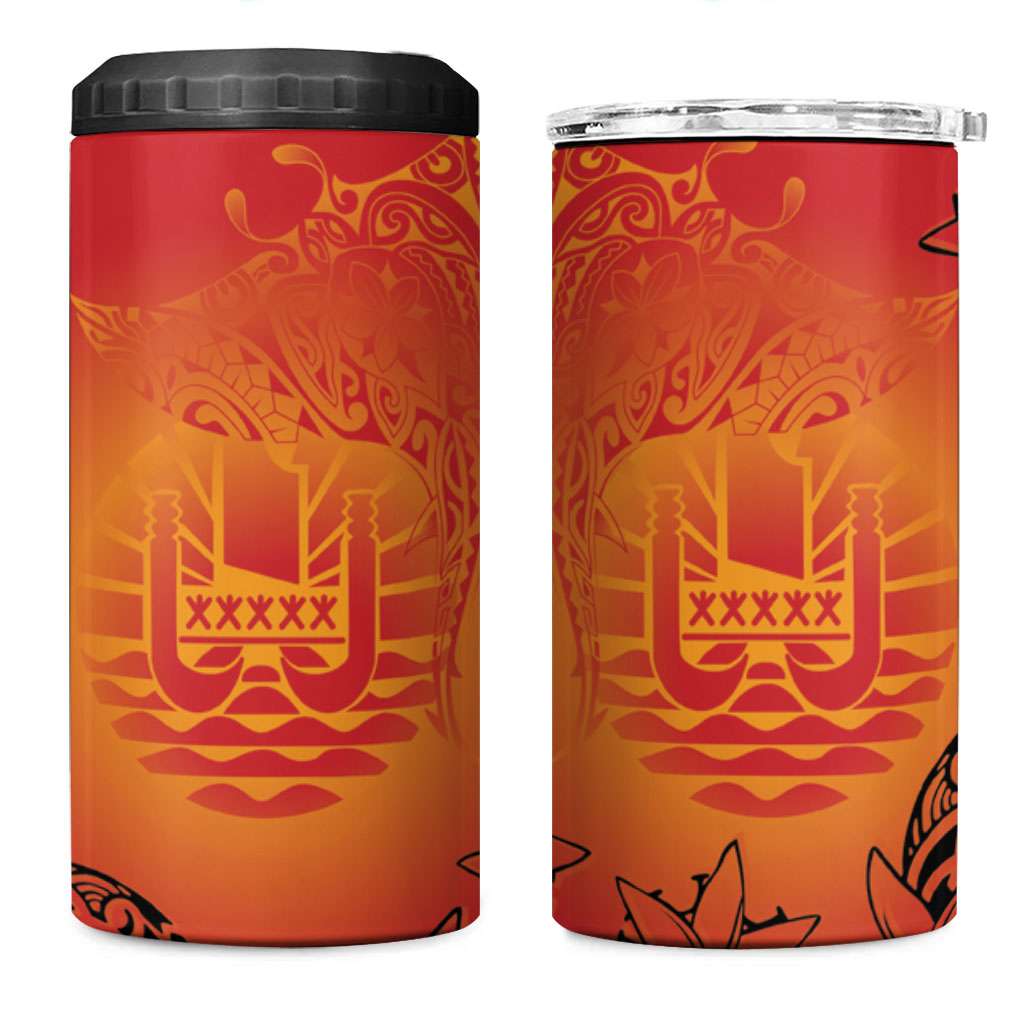 French Polynesia Manta Ray Tattoo 4 in 1 Can Cooler Tumbler Tahiti Hahalua Tiare Maori Gradient Style