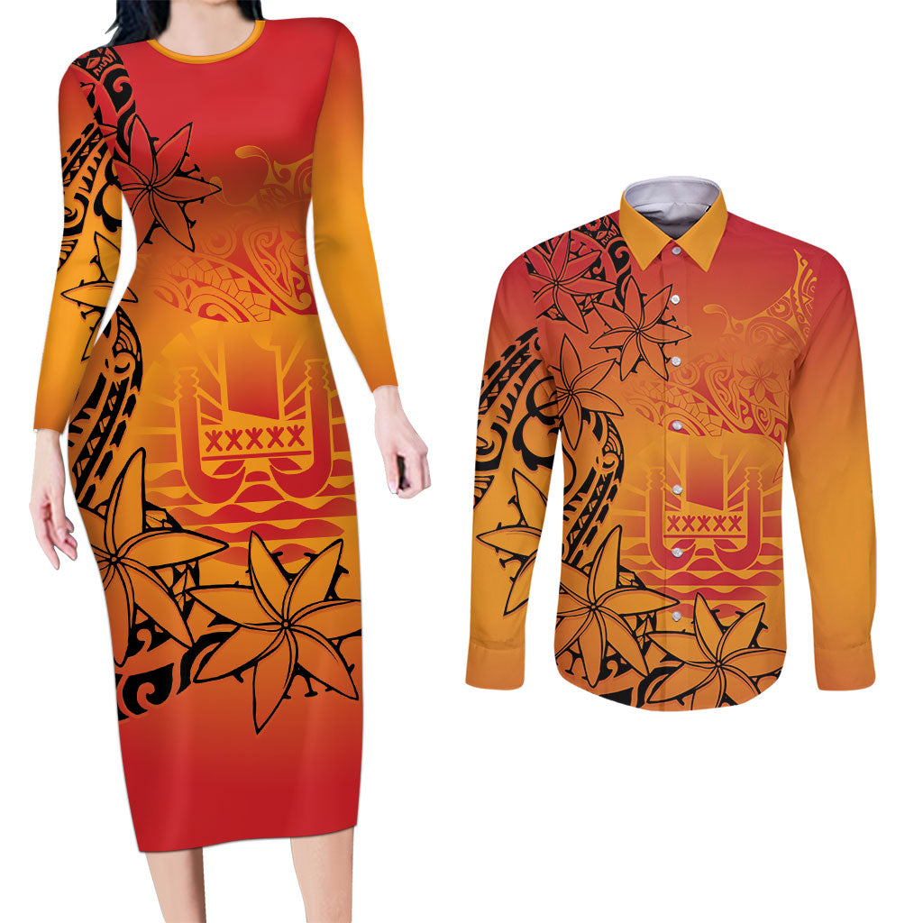 French Polynesia Manta Ray Tattoo Couples Matching Long Sleeve Bodycon Dress and Long Sleeve Button Shirt Tahiti Hahalua Tiare Maori Gradient Style