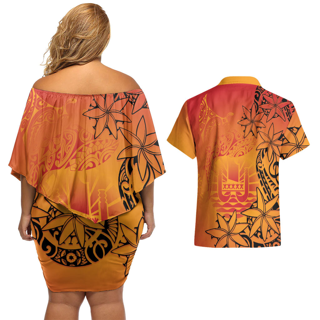 French Polynesia Manta Ray Tattoo Couples Matching Off Shoulder Short Dress and Hawaiian Shirt Tahiti Hahalua Tiare Maori Gradient Style