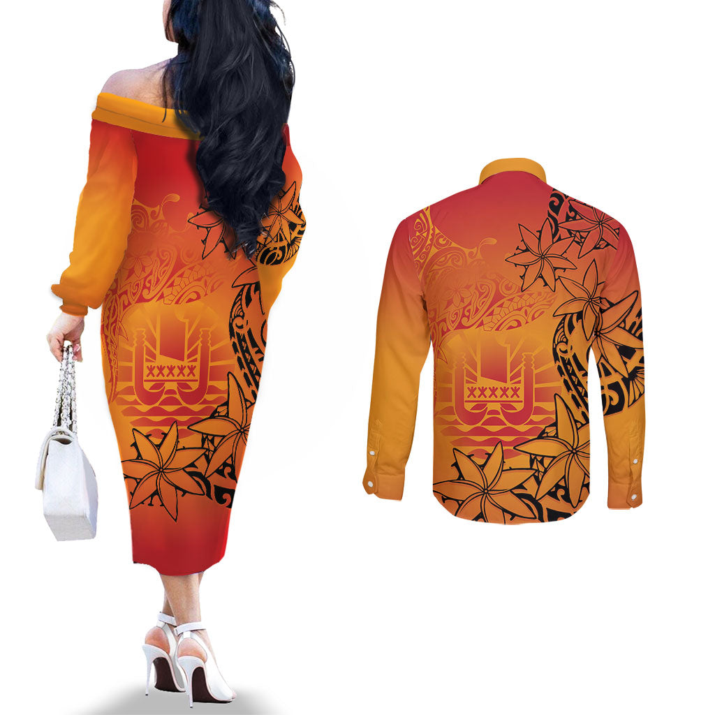 French Polynesia Manta Ray Tattoo Couples Matching Off The Shoulder Long Sleeve Dress and Long Sleeve Button Shirt Tahiti Hahalua Tiare Maori Gradient Style
