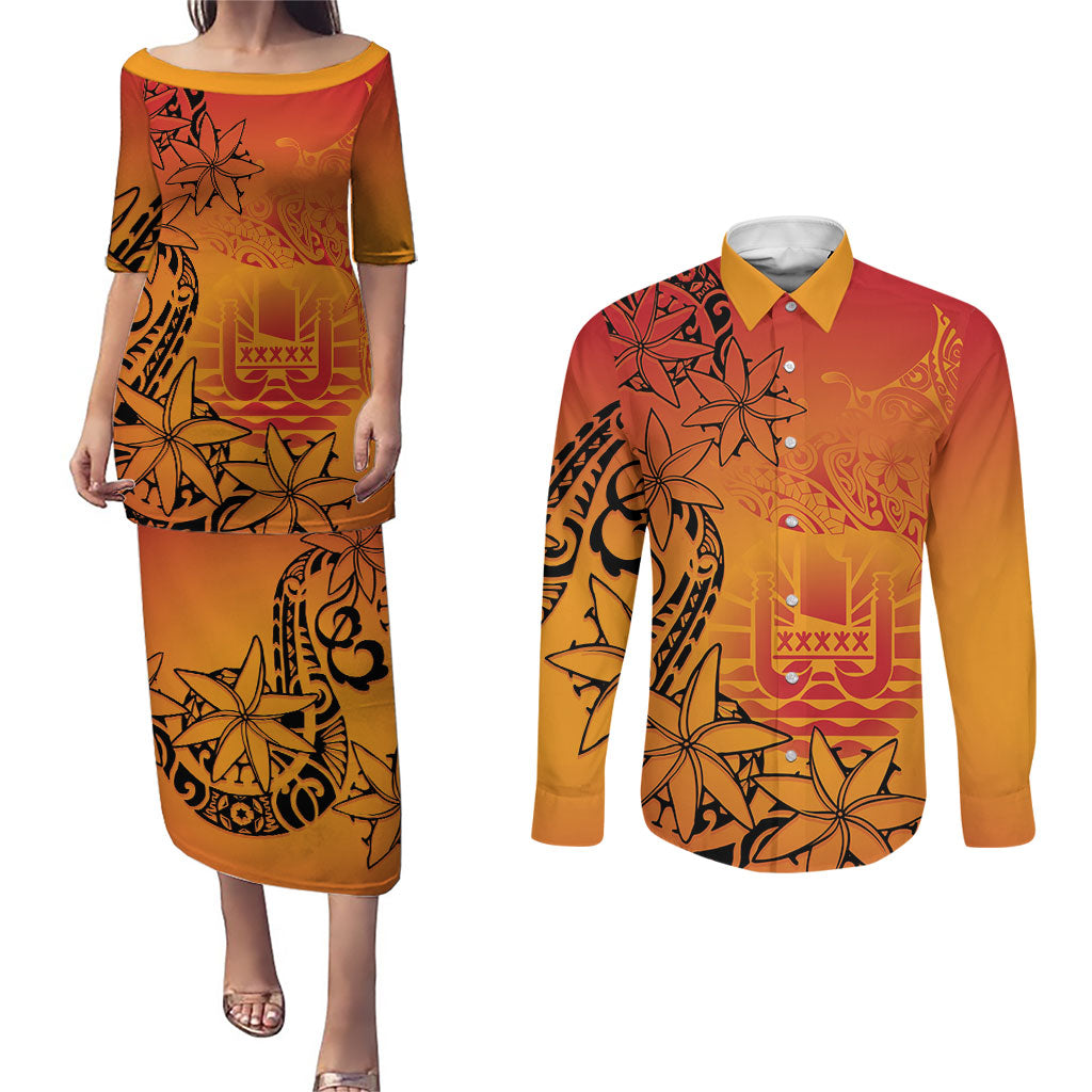French Polynesia Manta Ray Tattoo Couples Matching Puletasi and Long Sleeve Button Shirt Tahiti Hahalua Tiare Maori Gradient Style LT14 Orange - Polynesian Pride