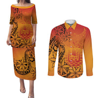 French Polynesia Manta Ray Tattoo Couples Matching Puletasi and Long Sleeve Button Shirt Tahiti Hahalua Tiare Maori Gradient Style LT14 Orange - Polynesian Pride