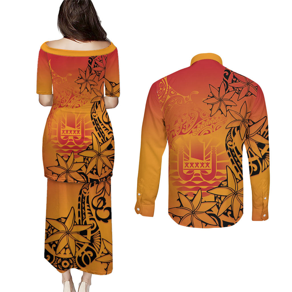 French Polynesia Manta Ray Tattoo Couples Matching Puletasi and Long Sleeve Button Shirt Tahiti Hahalua Tiare Maori Gradient Style LT14 - Polynesian Pride