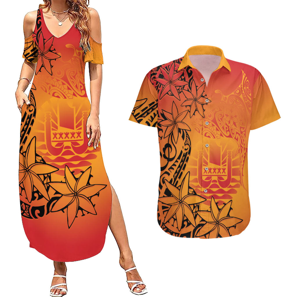 French Polynesia Manta Ray Tattoo Couples Matching Summer Maxi Dress and Hawaiian Shirt Tahiti Hahalua Tiare Maori Gradient Style