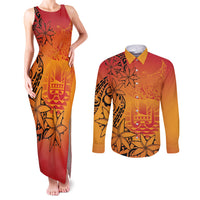 French Polynesia Manta Ray Tattoo Couples Matching Tank Maxi Dress and Long Sleeve Button Shirt Tahiti Hahalua Tiare Maori Gradient Style