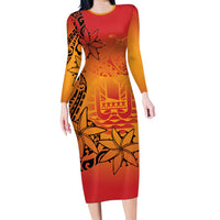 French Polynesia Manta Ray Tattoo Family Matching Long Sleeve Bodycon Dress and Hawaiian Shirt Tahiti Hahalua Tiare Maori Gradient Style
