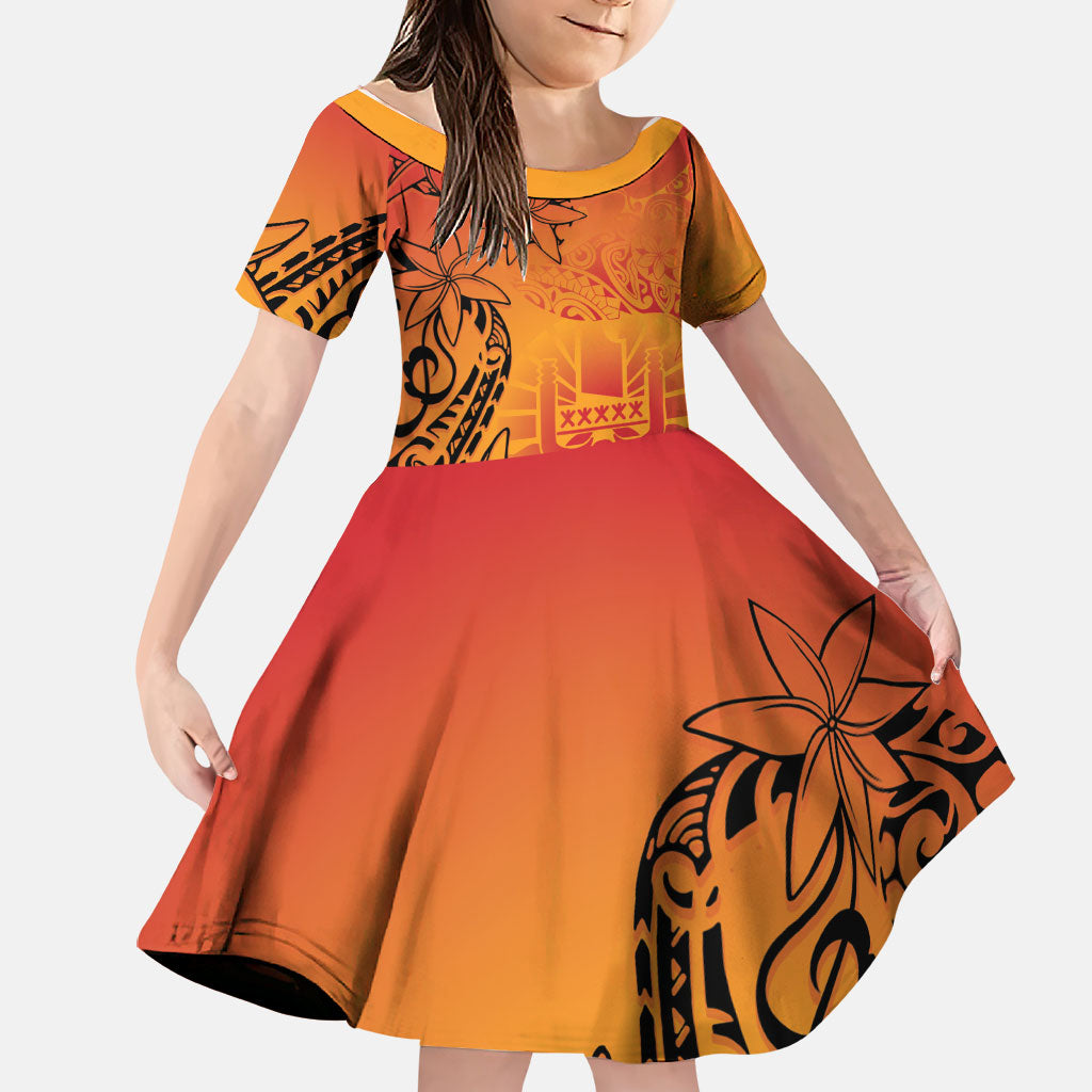 French Polynesia Manta Ray Tattoo Family Matching Mermaid Dress and Hawaiian Shirt Tahiti Hahalua Tiare Maori Gradient Style LT14 Daughter's Dress Orange - Polynesian Pride