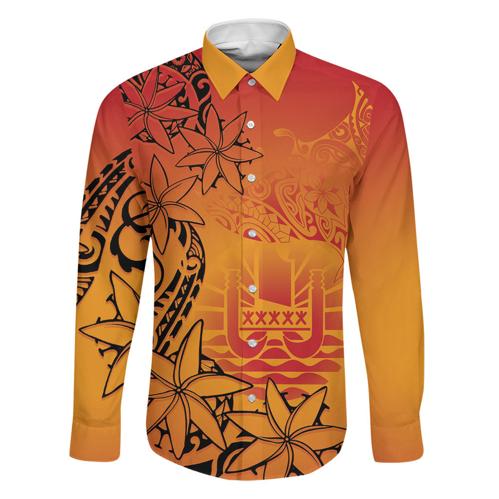 French Polynesia Manta Ray Tattoo Family Matching Mermaid Dress and Hawaiian Shirt Tahiti Hahalua Tiare Maori Gradient Style LT14 Dad's Shirt - Long Sleeve Orange - Polynesian Pride