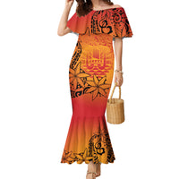 French Polynesia Manta Ray Tattoo Family Matching Mermaid Dress and Hawaiian Shirt Tahiti Hahalua Tiare Maori Gradient Style LT14 Mom's Dress Orange - Polynesian Pride