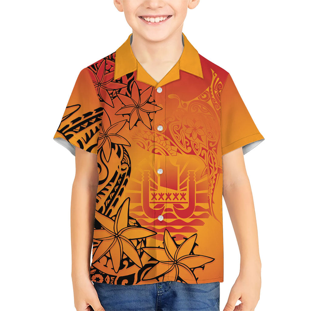 French Polynesia Manta Ray Tattoo Family Matching Mermaid Dress and Hawaiian Shirt Tahiti Hahalua Tiare Maori Gradient Style LT14 Son's Shirt Orange - Polynesian Pride