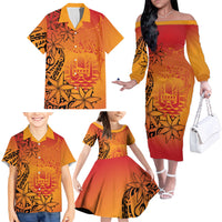 French Polynesia Manta Ray Tattoo Family Matching Off The Shoulder Long Sleeve Dress and Hawaiian Shirt Tahiti Hahalua Tiare Maori Gradient Style