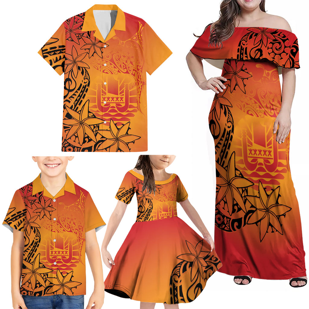French Polynesia Manta Ray Tattoo Family Matching Off Shoulder Maxi Dress and Hawaiian Shirt Tahiti Hahalua Tiare Maori Gradient Style