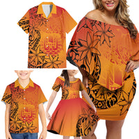 French Polynesia Manta Ray Tattoo Family Matching Off Shoulder Short Dress and Hawaiian Shirt Tahiti Hahalua Tiare Maori Gradient Style